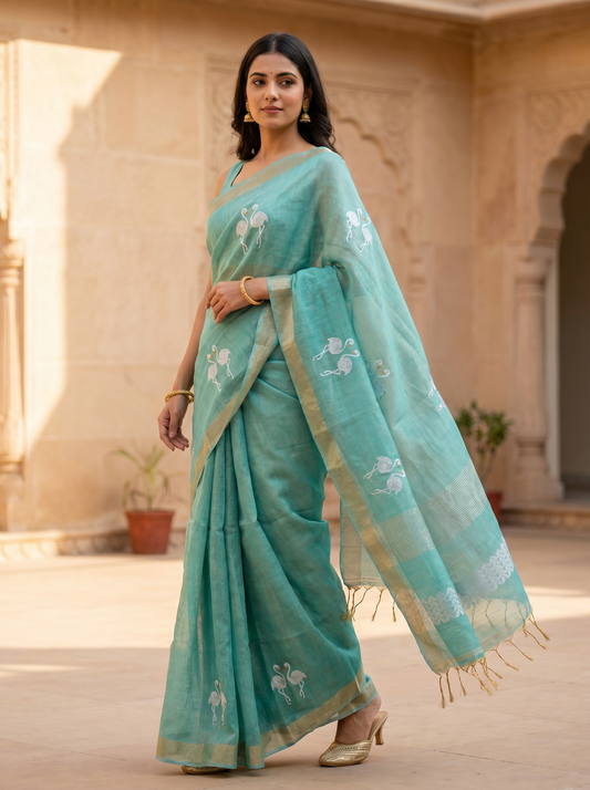 Blue Linen Tissue Jamdani Saree with Swan Design
