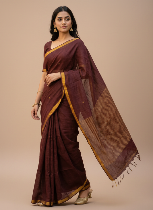 Brown Linen Silk Jamdani Butti Saree for Office Wear