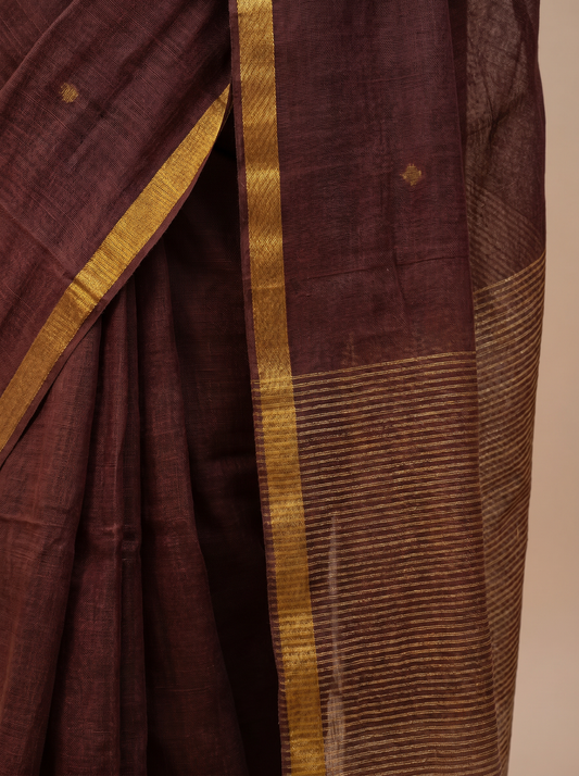 Brown Linen Silk Jamdani Butti Saree for Office Wear