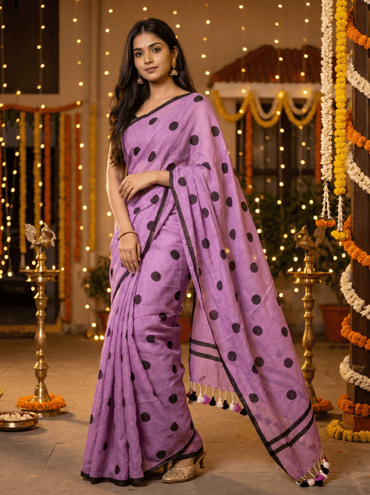 lavender mul cotton polka dots Saree