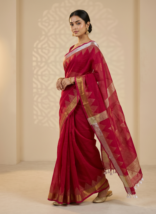 Dark Pink Linen Cotton Zari Jamdani Saree with Silver Golden Border