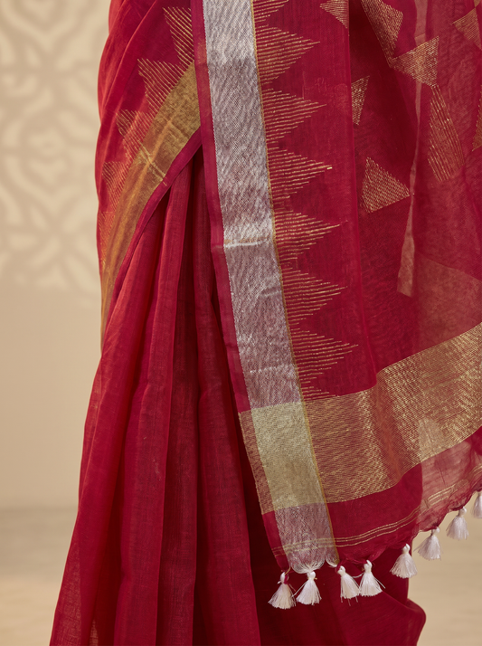 Dark Pink Linen Cotton Zari Jamdani Saree with Silver Golden Border