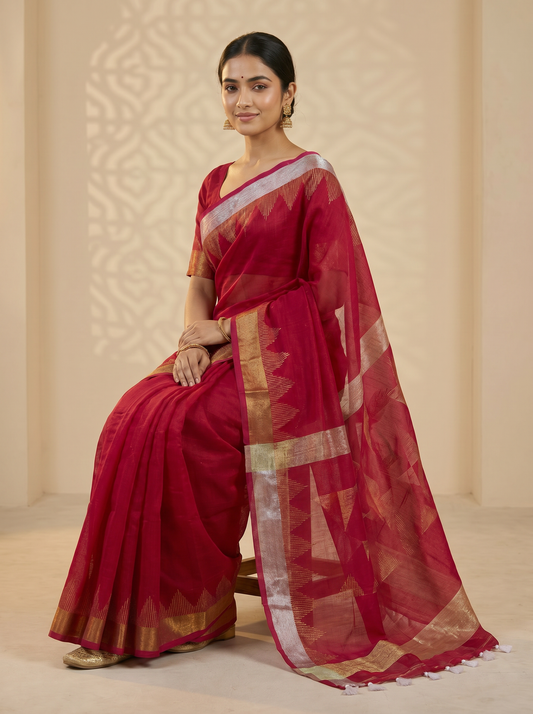 Dark Pink Linen Cotton Zari Jamdani Saree with Silver Golden Border