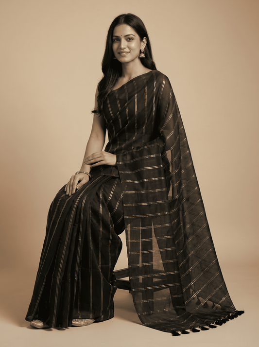 Black mul cotton double zari line Saree
