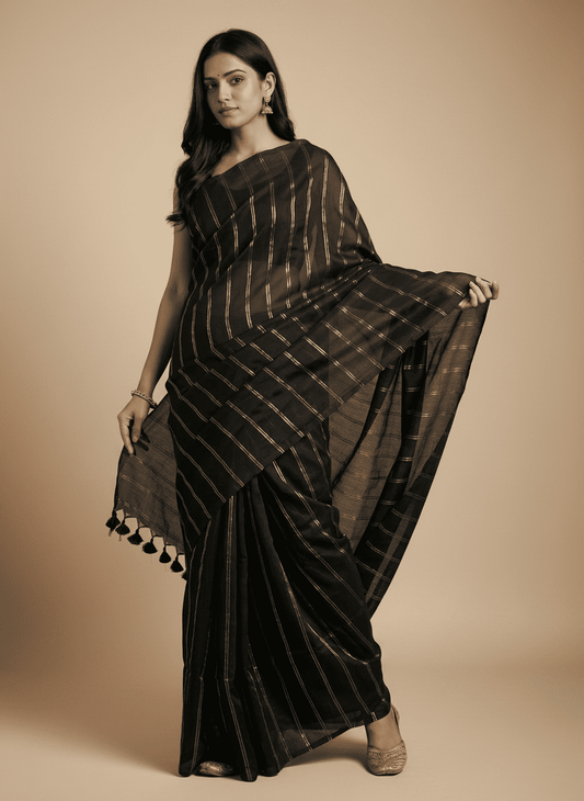 Black mul cotton double zari line Saree