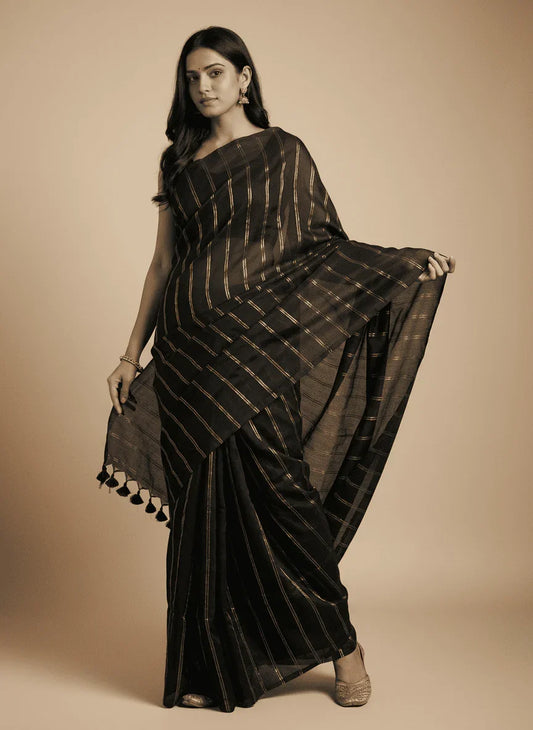 Black mul cotton double zari line Saree