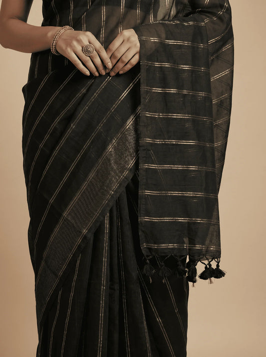 Black mul cotton double zari line Saree