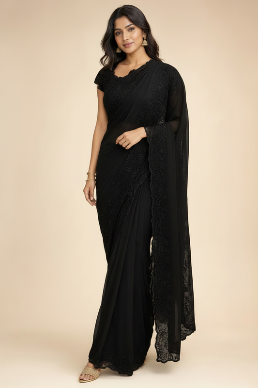 Black Designer Chiffon Saree with Sequin Embroidery & Cutwork Border