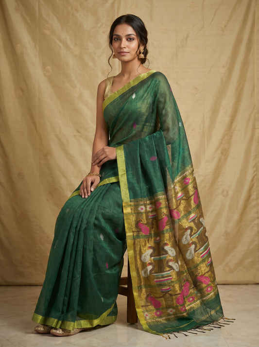 Green Linen Silk Paithani Saree for Festival Wear