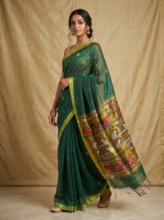 Green Linen Silk Paithani Saree for Festival Wear
