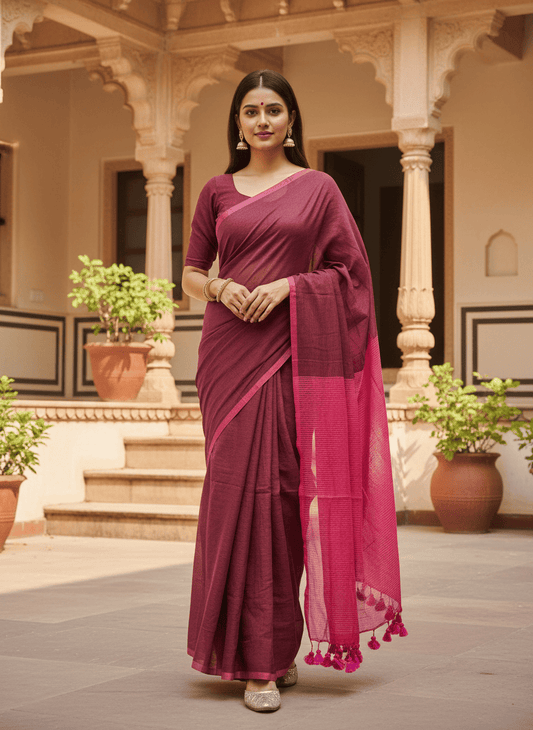 maroon mul cotton zari pallu Saree