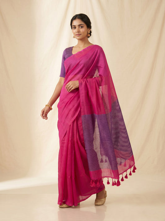 Mul Cotton Zari Pallu Saree – Pink with Purple Pallu