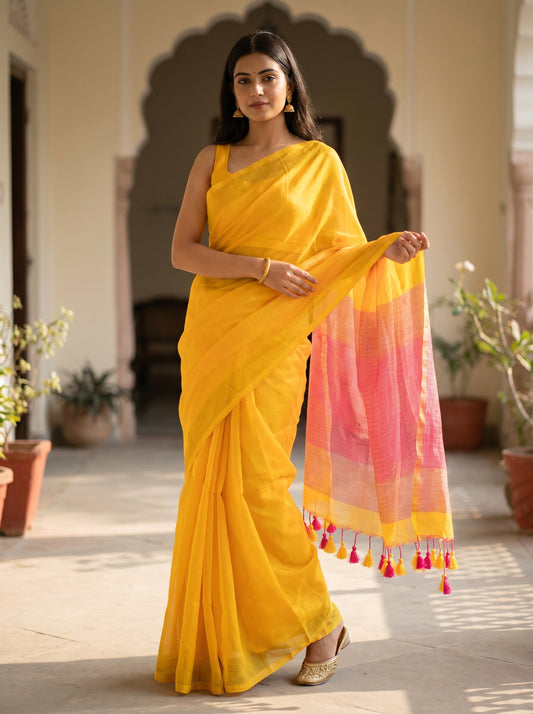 Mul Cotton Zari Pallu Saree – Yellow with Pink Pallu