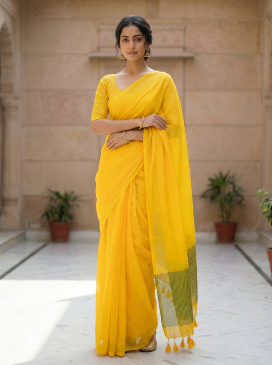 Mul Cotton Zari Pallu Saree – Yellow with Green Pallu