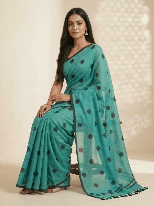 blue mul cotton polka dots saree