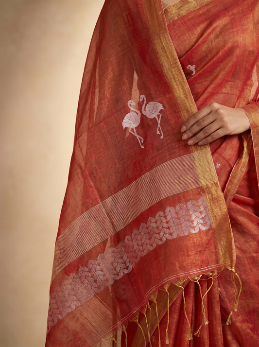 Orange Linen Tissue Jamdani Saree with Swan Design