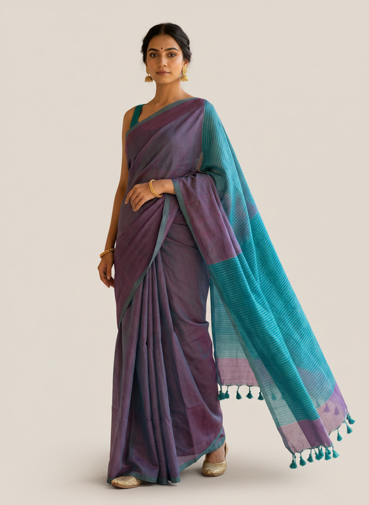 Purple Mul Zari Pallu Cotton Saree with Blue Pallu for Office and Daily Wear