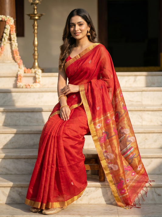 Red Linen Silk Paithani Saree for Festival Wear