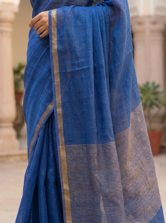 Royal Blue Linen Tissue Saree with Golden Border