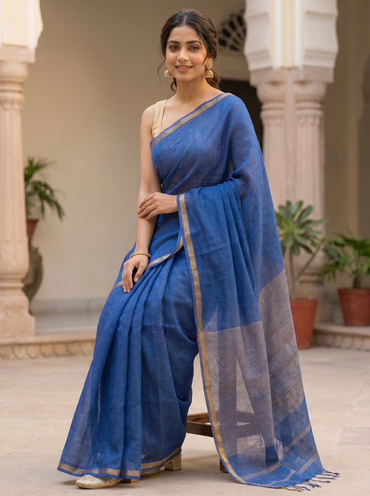 Royal Blue Linen Tissue Saree with Golden Border