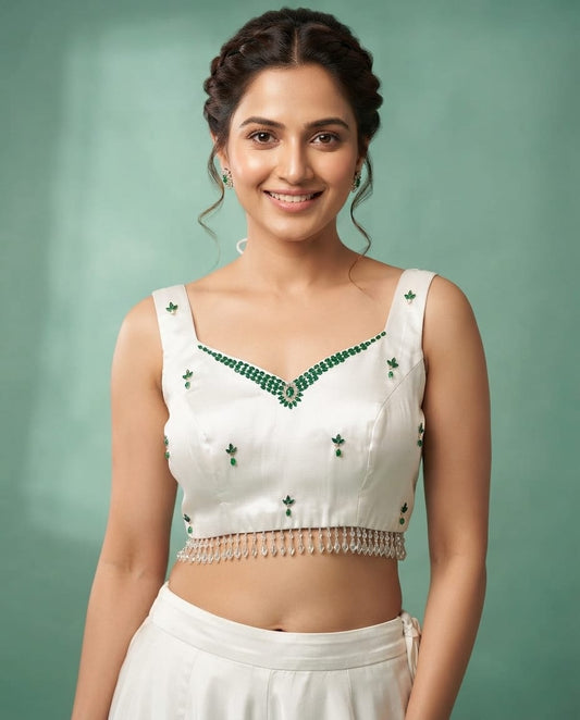 Sweetheart Neck Blouse with Emerald Stone Work