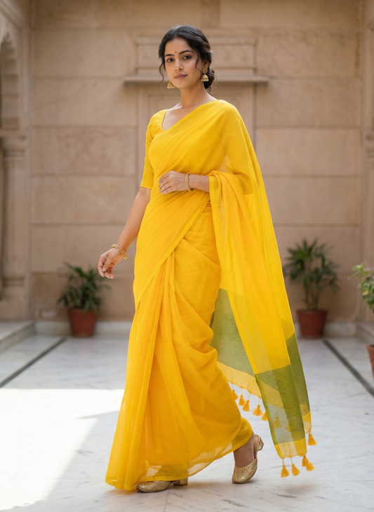 Yellow Mul Zari Pallu Cotton Saree with Green Pallu for Office and Daily Wear