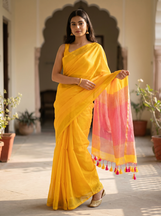 Yellow Mul Zari Pallu Cotton Saree with Pink Pallu
