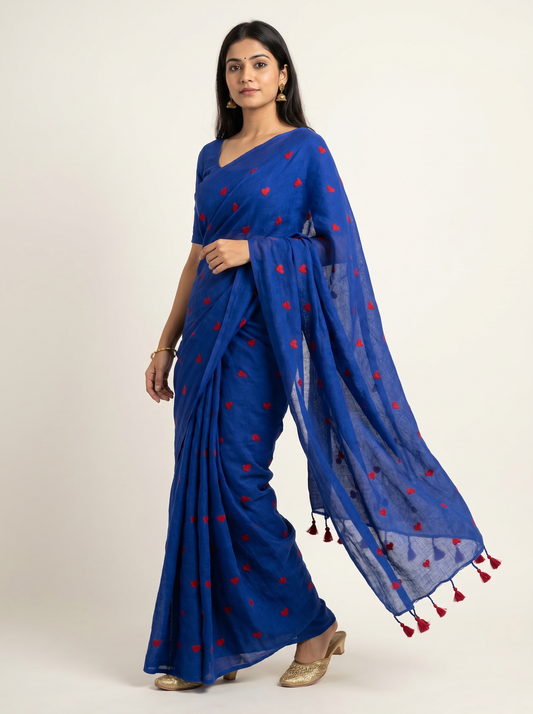Blue Khadi Cotton Saree with Heart Embroidery for Office & Daily Wear