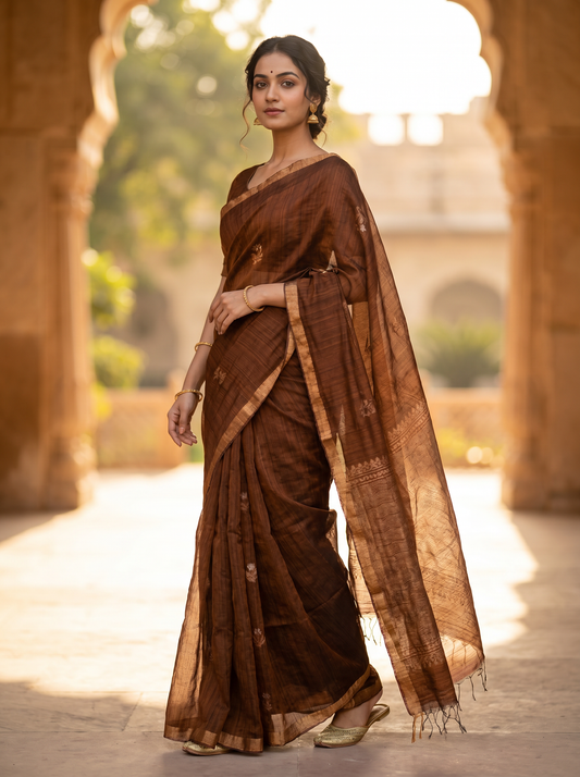 Brown Matka Silk Jamdani Saree with Silk Mark for Festival Wear