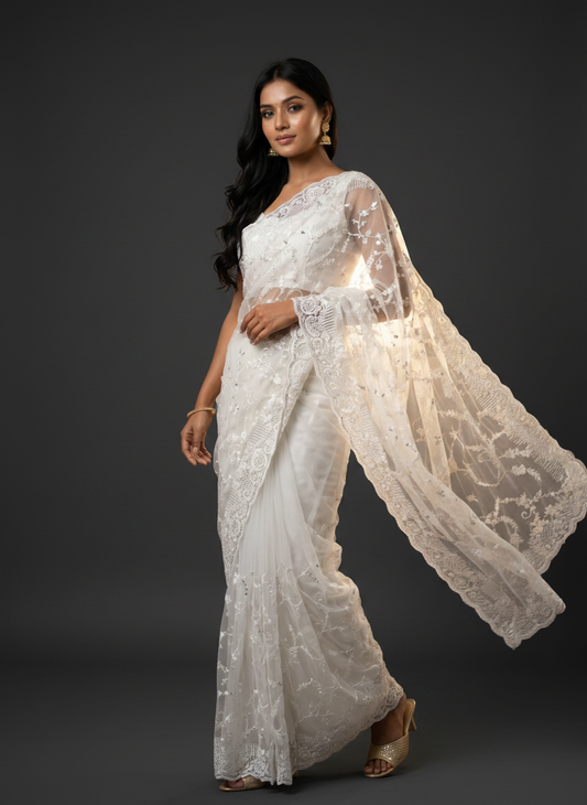 Cream Celebrity Closet Bollywood Inspired Saree for Party Wear