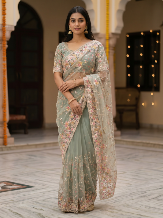 Cream & Pista Georgette Rimzim Saree for Party Wear