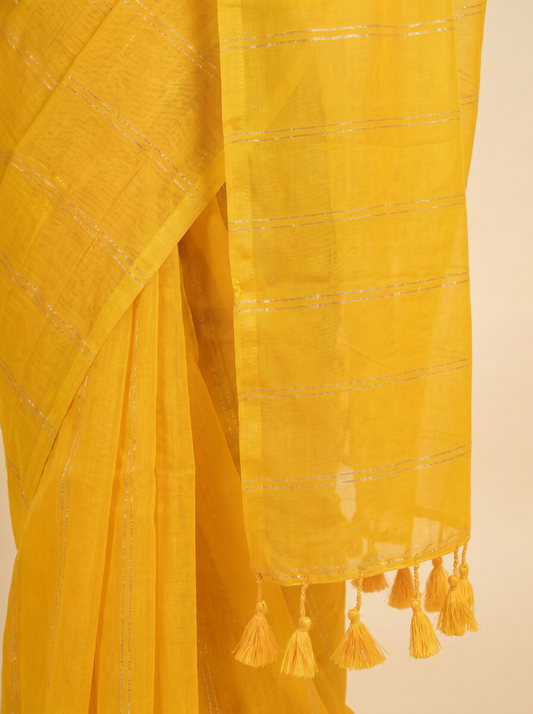 Yellow Mul Thin Zari Line Cotton Saree for Party Wear