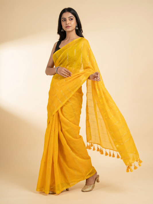 Yellow Mul Thin Zari Line Cotton Saree for Party Wear