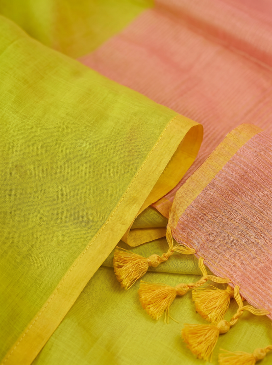 Parrot green mul cotton zari pallu Saree