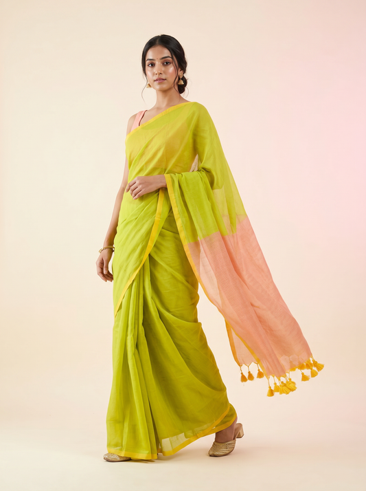 Parrot green mul cotton zari pallu Saree