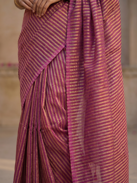 Pure Mulmul Tissue Strips Saree in Pink with Golden Stripes