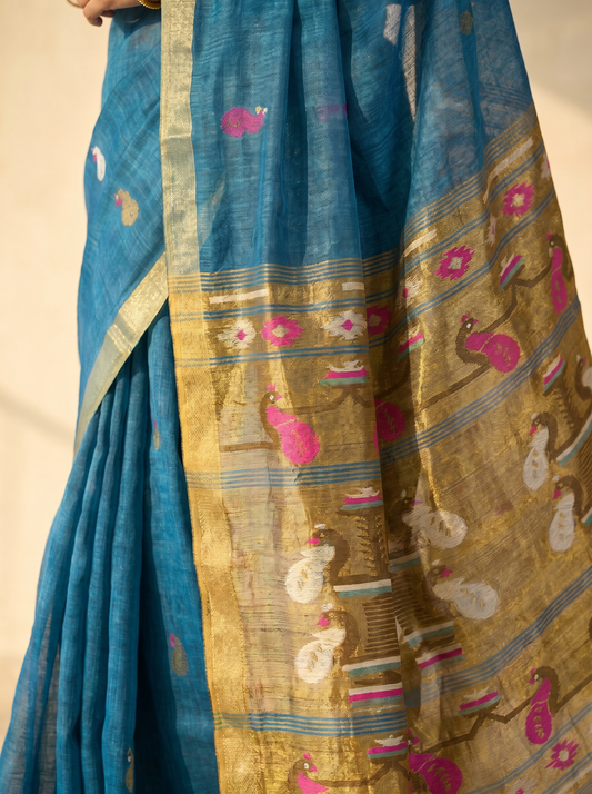 Blue Linen Silk Paithani Saree for Festival Wear