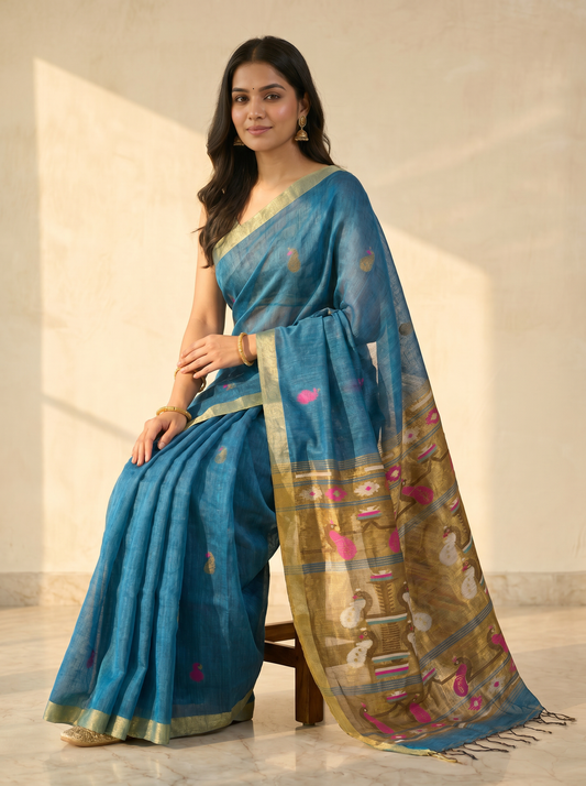 Blue Linen Silk Paithani Saree for Festival Wear