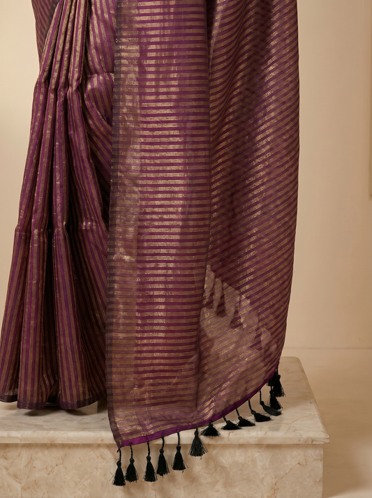 Purple Mul Tissue Strips Cotton Saree with Golden Stripes