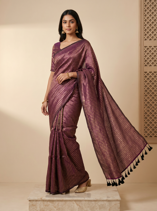 Purple Mul Tissue Strips Cotton Saree with Golden Stripes