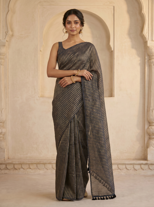 Mul Cotton Tissue Stripe Saree – Blue with Golden Strips