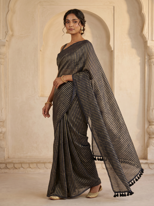 Blue Mul Tissue Strips Saree with Golden Stripes for Party Wear