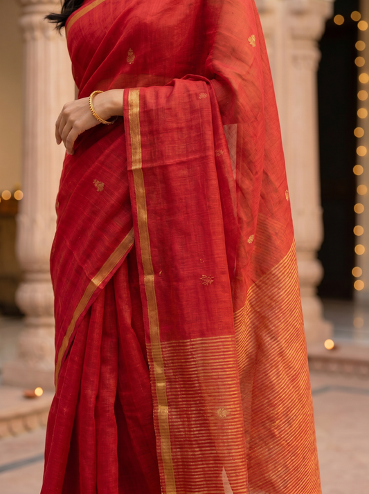 Lavender & Red Linen Silk Jamdani Butti Saree for Office & Daily Wear