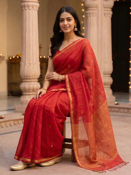 Lavender & Red Linen Silk Jamdani Butti Saree for Office & Daily Wear