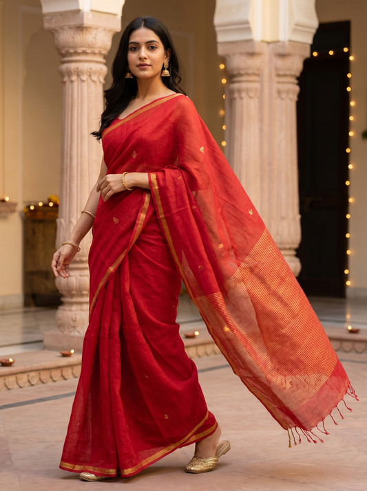 Lavender & Red Linen Silk Jamdani Butti Saree for Office & Daily Wear