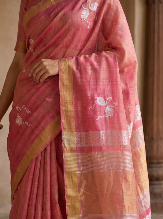 Lavender & Pink Linen Tissue Jamdani Saree with Swan Design for Festival Wear
