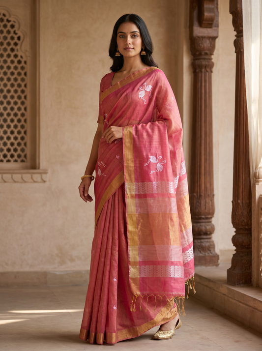 Lavender & Pink Linen Tissue Jamdani Saree with Swan Design for Festival Wear