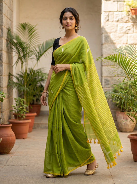 Parrot Green & Purple Mul Jamdani Cotton Saree for Office & Daily Wear