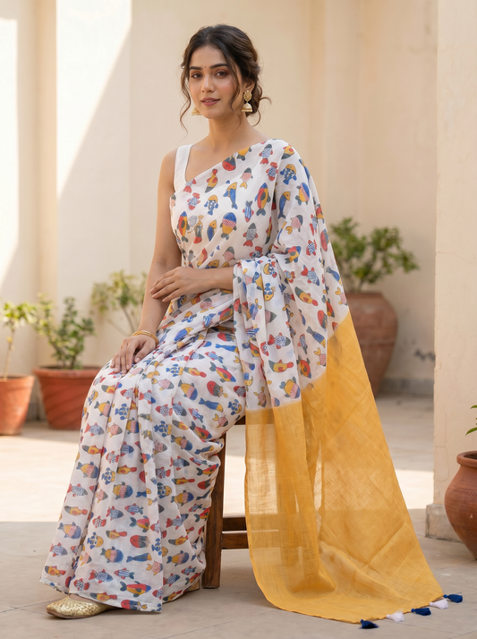 White Mul Cotton Saree with Fish Print for Office & Daily Wear