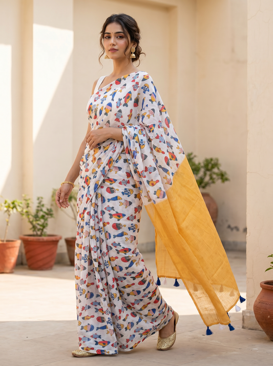 White Mul Cotton Saree with Fish Print for Office & Daily Wear